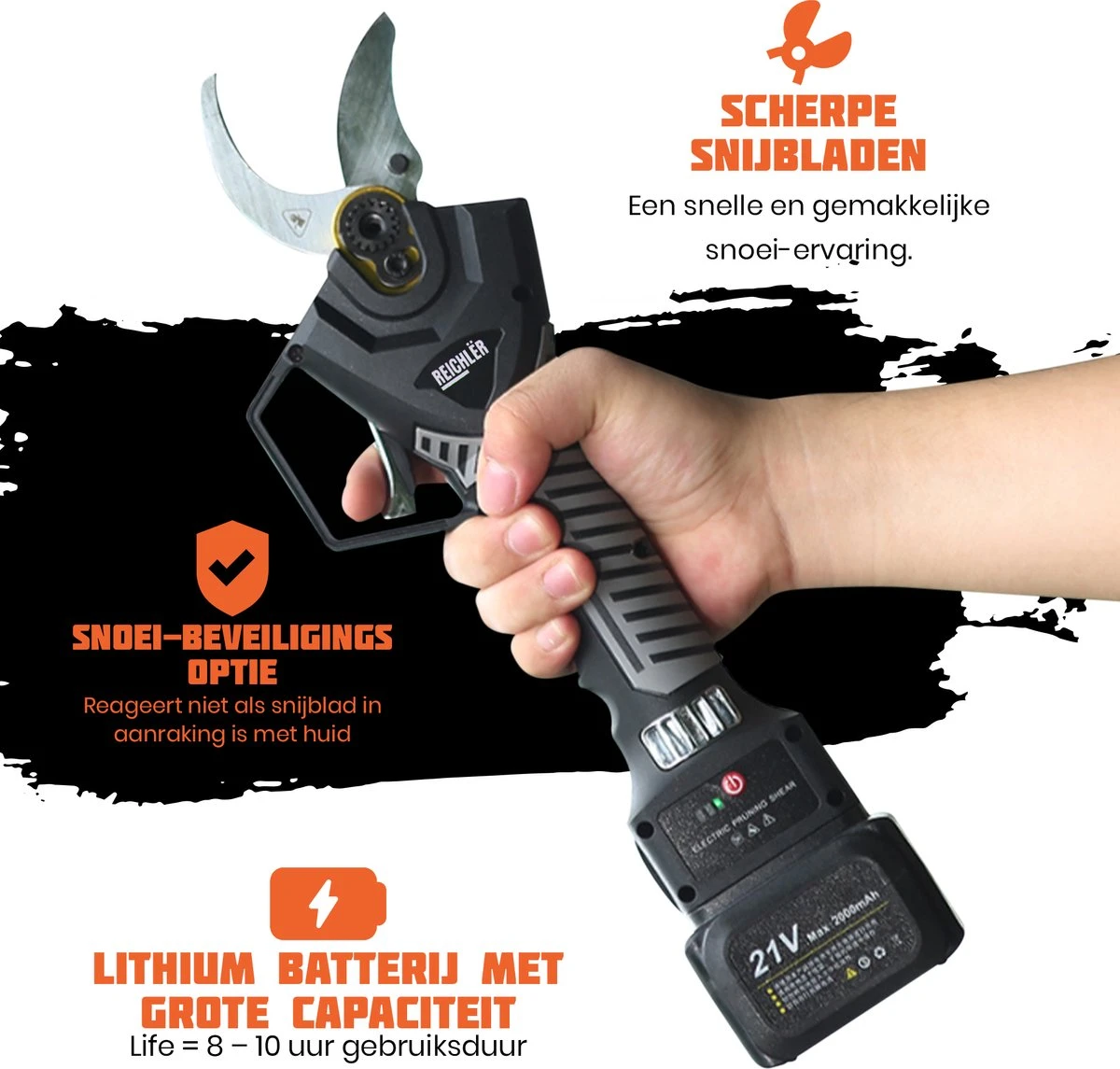 Reichlër® Elektrische Snoeischaar - 40 Mm Snijdiameter - 2x Accu - Anti-cut Functie - Heggenschaar - Takkenschaar - Zwart - Afbeelding 4