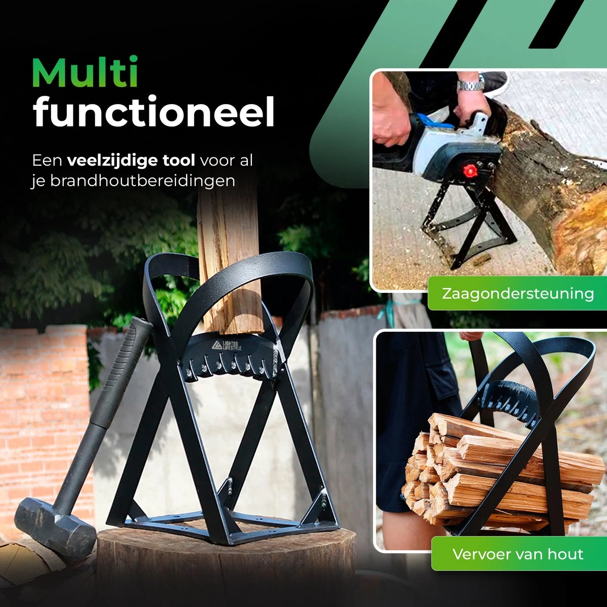 Lighted Lifestyle™| Houtklover Voor Aanmaakhout Incl. Kloofhamer - Houtsplijter - Houtkliever - Snel Haardhout - Gietijzer - Incl. Schroeven - Afbeelding 2