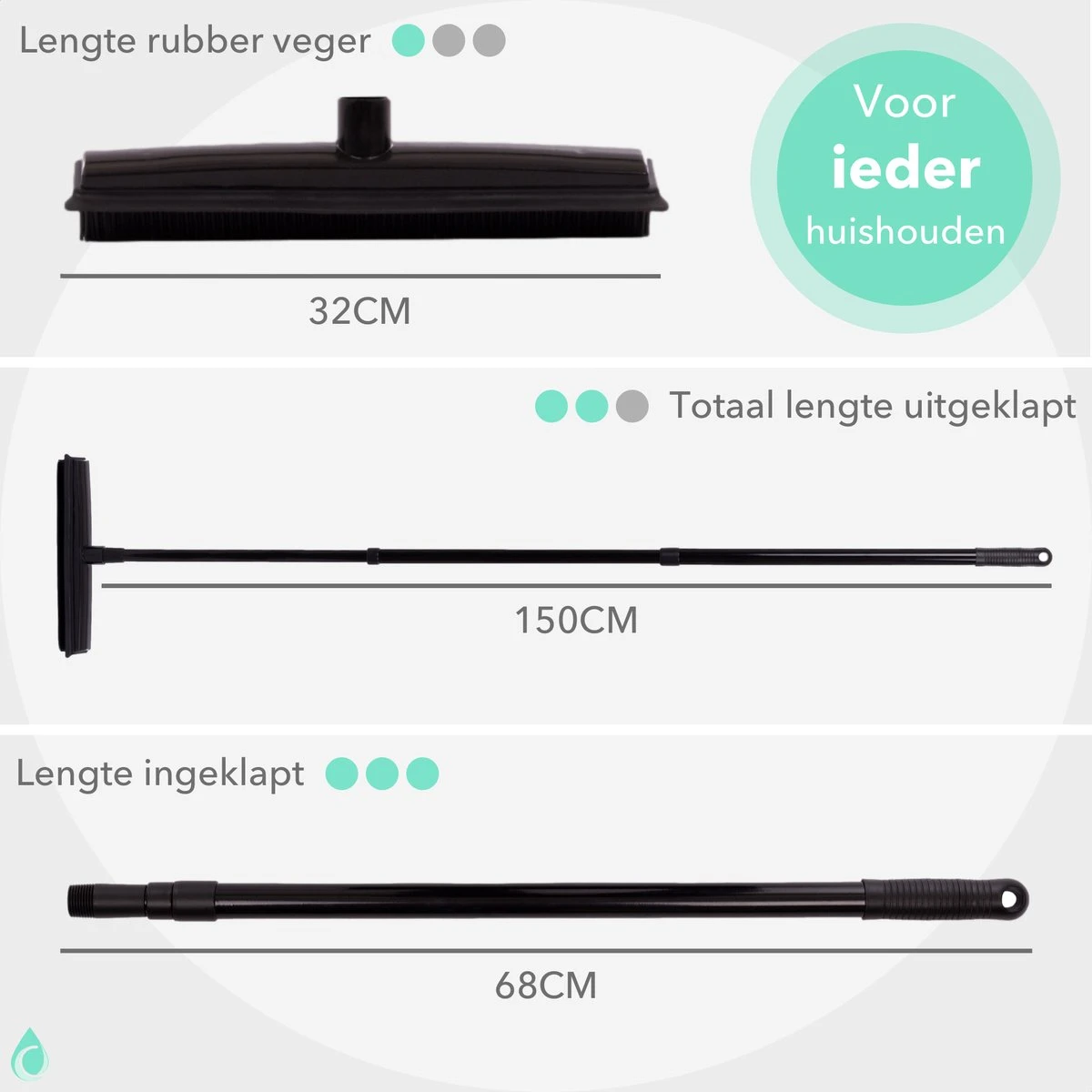 CLEANLY® Rubberen Bezem Met Vloerwisser - Kappersbezem - Zachte Bezem Binnen & Buiten - Vloertrekker Met Steel - 68-150 Cm - Afbeelding 2
