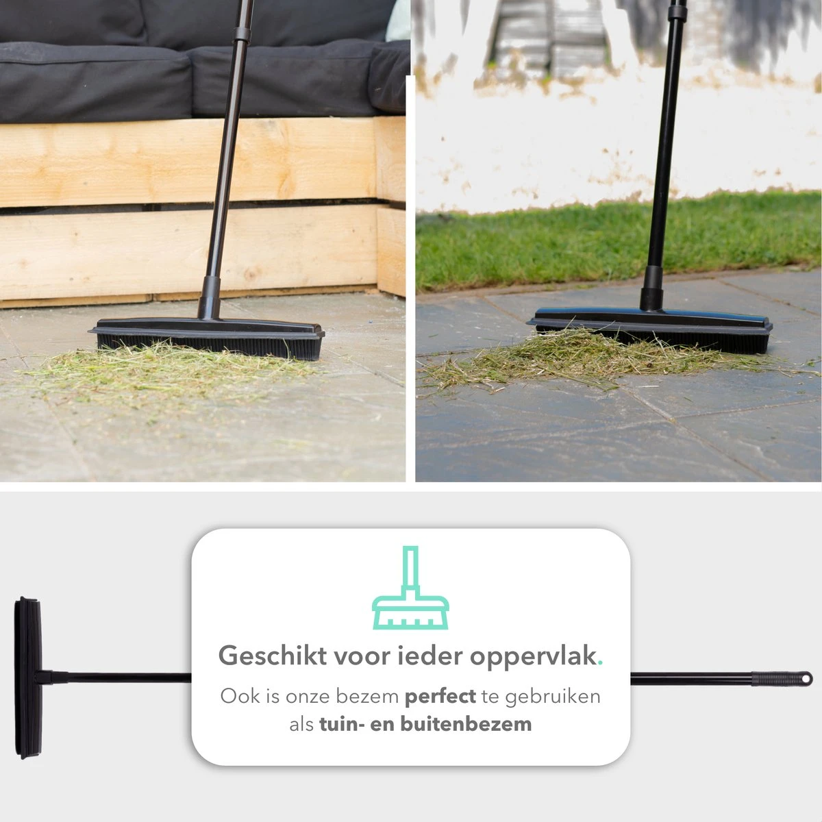 CLEANLY® Rubberen Bezem Met Vloerwisser - Kappersbezem - Zachte Bezem Binnen & Buiten - Vloertrekker Met Steel - 68-150 Cm - Afbeelding 7