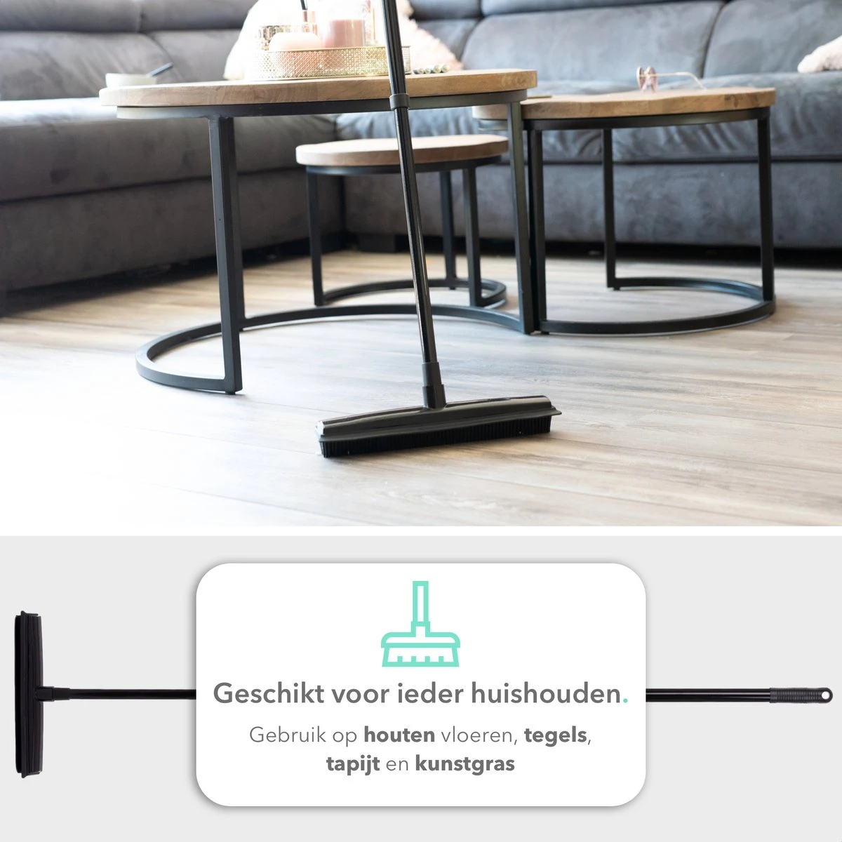CLEANLY® Rubberen Bezem Met Vloerwisser - Kappersbezem - Zachte Bezem Binnen & Buiten - Vloertrekker Met Steel - 68-150 Cm - Afbeelding 8