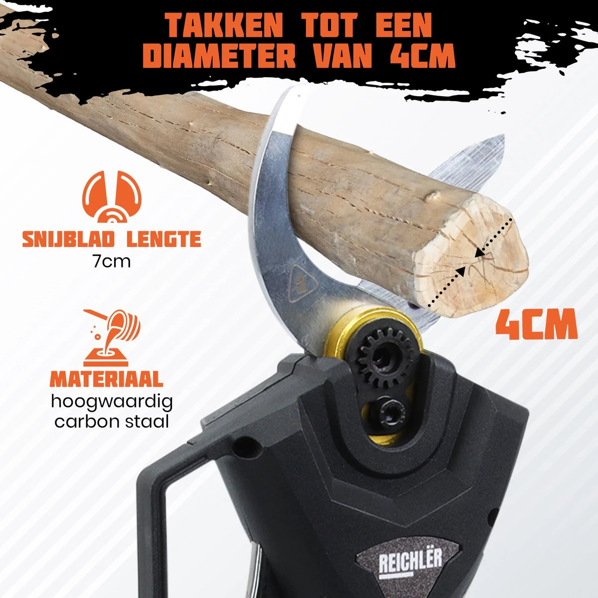Reichlër® Elektrische Snoeischaar - 40 Mm Snijdiameter - 2x Accu - Anti-cut Functie - Heggenschaar - Takkenschaar - Zwart - Afbeelding 2