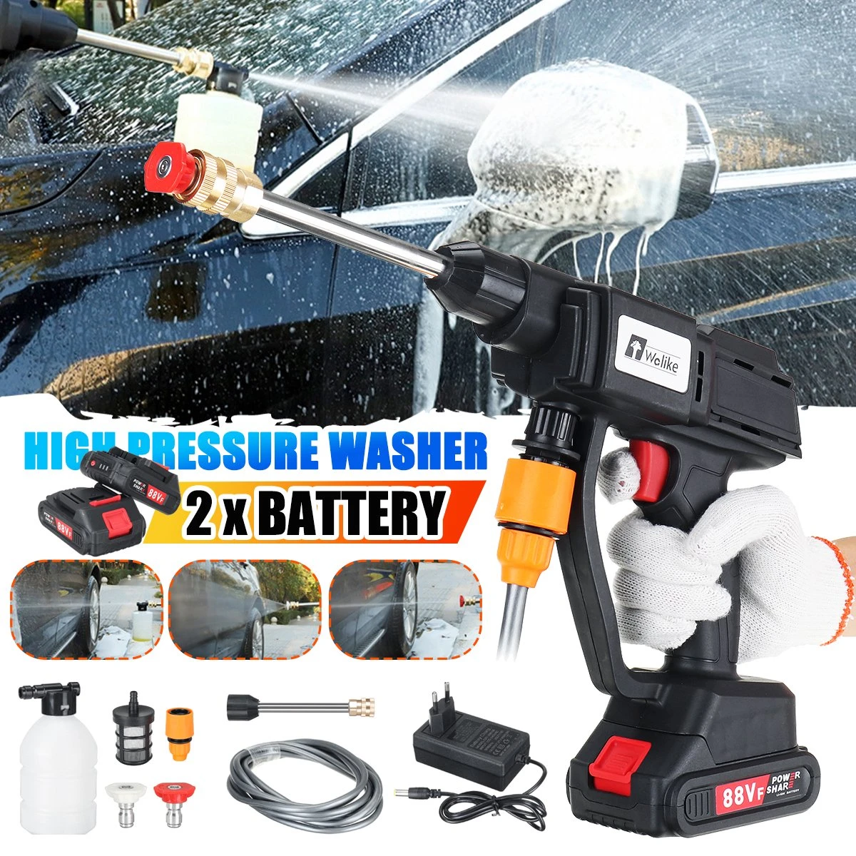 Merkloos Elektrische Accu-Hogedrukreiniger - 20Bar - Multifunctioneel Mondstuk - Draagbaar Oplaadbaar Snoerloos - Reinigingsspuitpistool - Met Rijke Accessoires - Voor Makita 18V-batterij - Voor Auto, Tuin, Terras, Raam (Zwart)